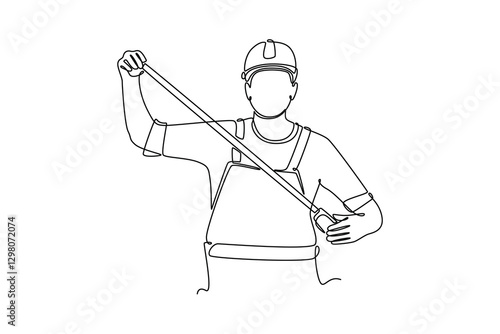 Continuous one line drawing builder or carpenter wearing helmet and uniform holding measurement tape. Building construction or renovation services. Single line draw design vector graphic illustration