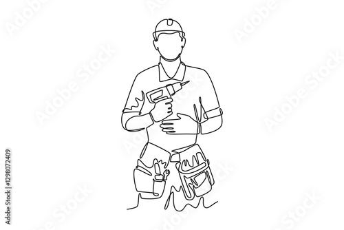 Continuous one line drawing handyman worker wearing helmet and uniform holding electric drill machine. Building construction maintenance services. Single line draw design vector graphic illustration