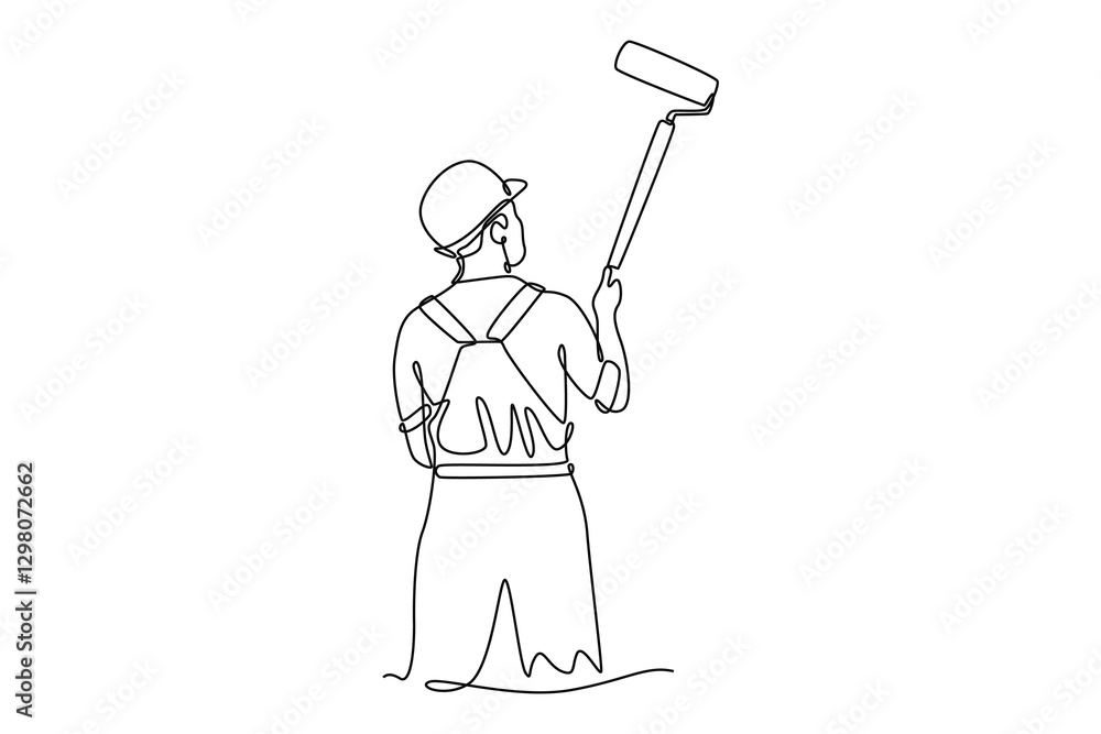 Single continuous line drawing back view handyman in uniform painting house wall with paint roller. Building painted wall renovation services. Dynamic one line draw graphic design vector illustration Single continuous line drawing back view handyman in uniform painting house wall with paint roller. Building painted wall renovation services. Dynamic one line draw graphic design vector illustration