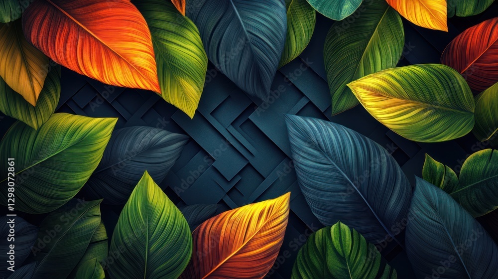 Vibrant tropical leaves on dark geometric background. Vibrant tropical leaves on dark geometric background.