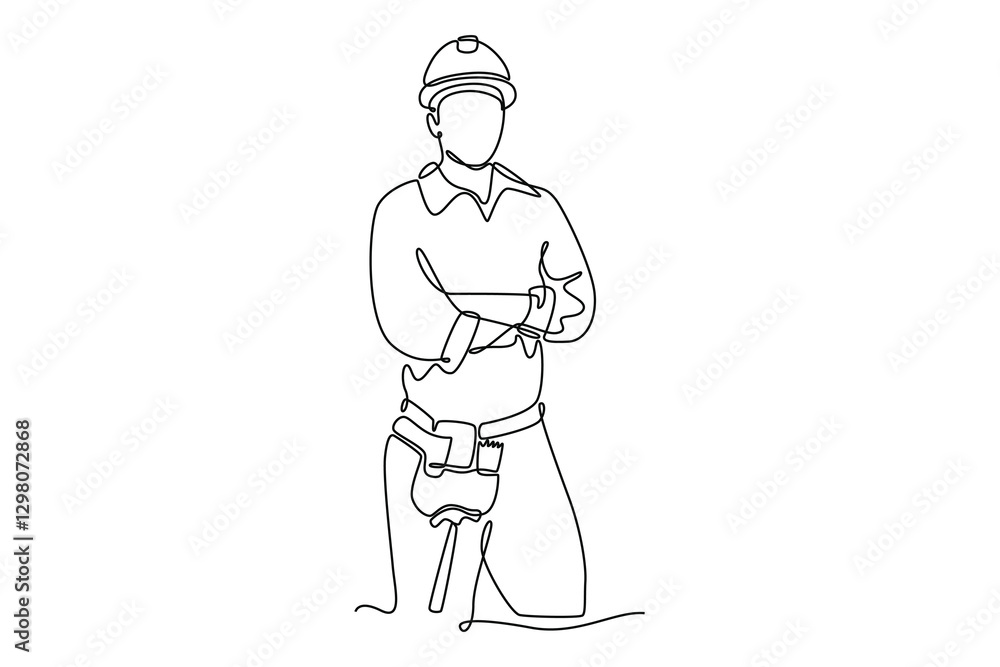 Single continuous line drawing young active handyman posing cross arms on chest before work. Professional work job occupation. Home renovation. Dynamic one line draw graphic design vector illustration Single continuous line drawing young active handyman posing cross arms on chest before work. Professional work job occupation. Home renovation. Dynamic one line draw graphic design vector illustration