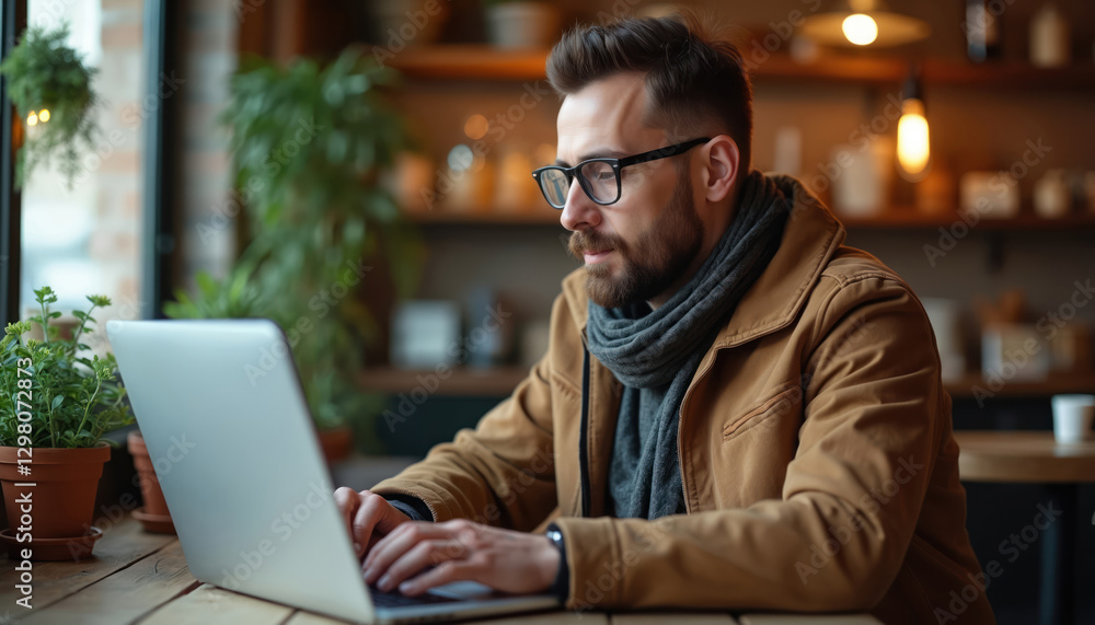 Man works on laptop in cafe. Freelancer in glasses types on computer sitting at wooden table. Guy wears jacket and scarf. Remote worker at coworking space. Focus on houseplants and interior. Man works on laptop in cafe. Freelancer in glasses types on computer sitting at wooden table. Guy wears jacket and scarf. Remote worker at coworking space. Focus on houseplants and interior.