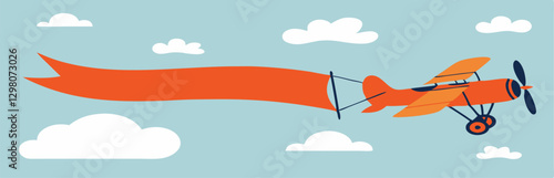Plane with banner in flat style. Biplane flying with poster. Vector