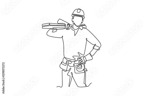 Single one line drawing male construction worker or carpenter with helmet carrying pile woods. Home decor building maintenance services. Modern continuous line draw design graphic vector illustration