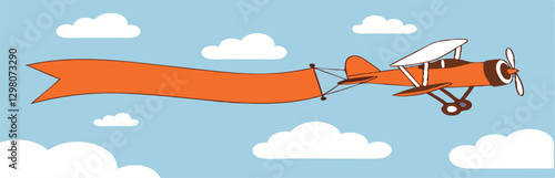Plane with banner in flat style. Biplane flying with poster. Vector