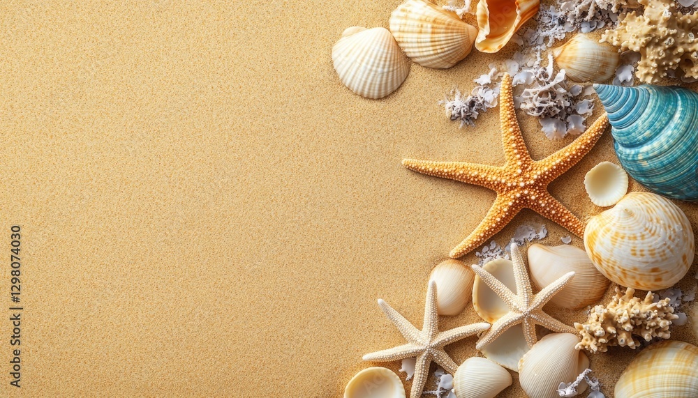 sea coral, shells and starfish, sand background with copyspace sea coral, shells and starfish, sand background with copyspace