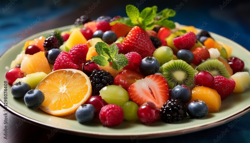 Close-up fresh fruit salad: vibrant berries, citrus, light reflection. Healthy & appetizing. Ideal for food blogs & vibrant recipe visuals Close-up fresh fruit salad: vibrant berries, citrus, light reflection. Healthy & appetizing. Ideal for food blogs & vibrant recipe visuals