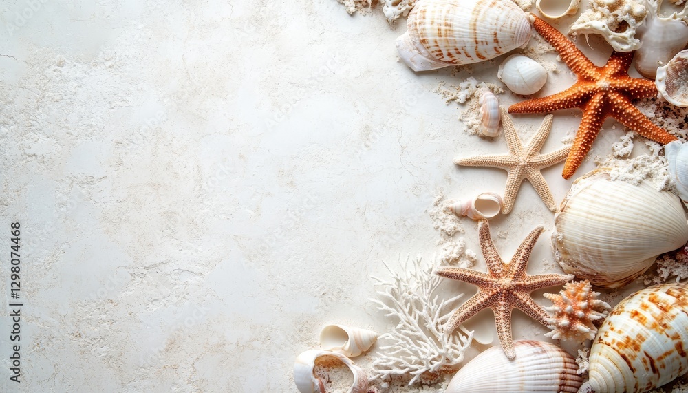 Obraz premium sea coral, shells and starfish, sand background with copyspace