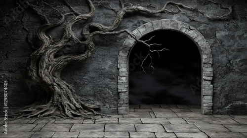 Dark Stone Archway with Twisted Bare Tree and Gloomy Atmosphere
