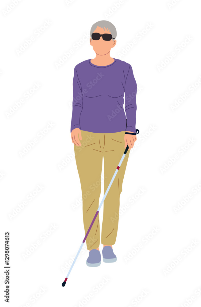 Fototapeta premium Disabled female character vector illustration isolated on white background. Blind Attractive woman walking with stick. Senior Lady wearing smart casual clothes, sunglasses. Inclusive business concept.