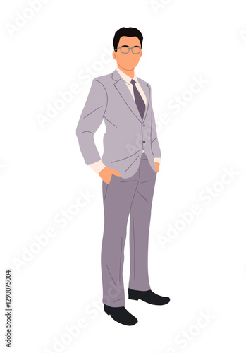 Businessman character wearing formal suit, tie and glasses standing with arms in his pockets front view. Asian business man. Vector realistic illustration isolated on white background.