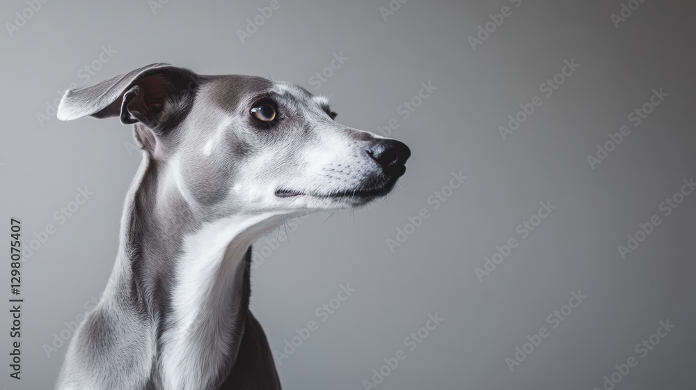 Close-up portrait of a whippet dog with an attentive expression against a neutral background Close-up portrait of a whippet dog with an attentive expression against a neutral background