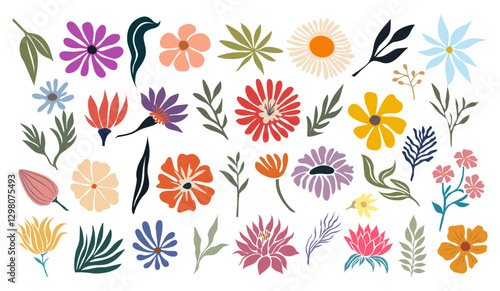 Set of hand drawn floral design elements, abstract shapes. Wild and garden flowers, leaves. Contemporary modern vector botanical art illustrations in trendy colors isolated on transparent background.