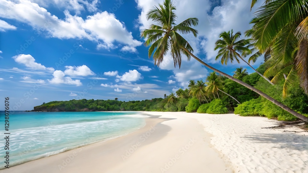 Fototapeta premium Tropical beach with palm and coconut trees by the ocean, featuring clear blue water, soft sand, and a sunny sky, perfect for a paradise vacation getaway