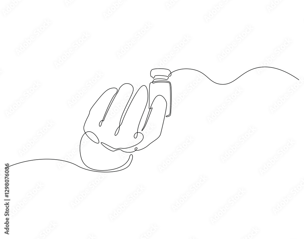 Continuous line drawing of hand holding vial bottle. Single line illustration of vial hold by hand. Virus protection concept. Editable outline Continuous line drawing of hand holding vial bottle. Single line illustration of vial hold by hand. Virus protection concept. Editable outline
