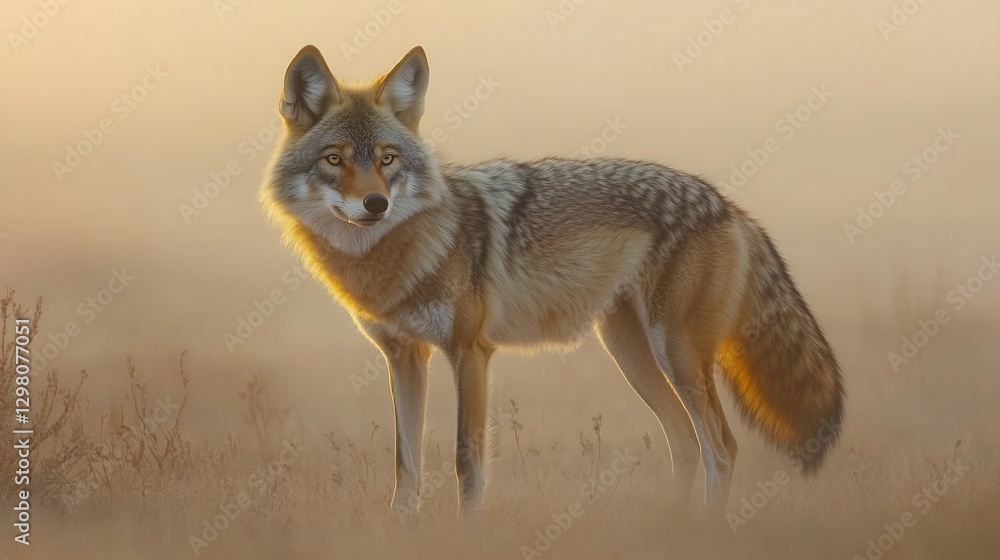 Cunning Coyote standing in a misty desert landscape its golden fur glowing under the setting sun ears perked up alert to any movement Cunning Coyote standing in a misty desert landscape its golden fur glowing under the setting sun ears perked up alert to any movement