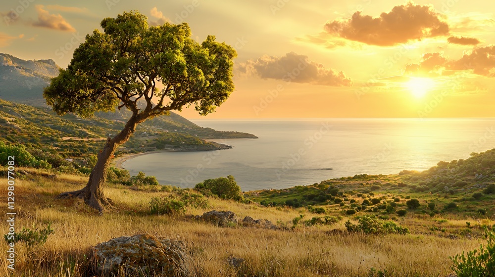 Solitary Tree on Hillside Overlooking Golden Hour Ocean Sunset Solitary Tree on Hillside Overlooking Golden Hour Ocean Sunset