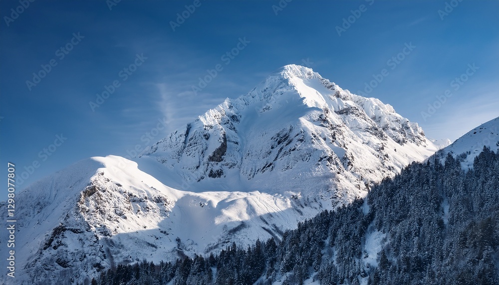 Snowy Mountain Peak Under Bright Blue Skies – A Crisp Winter Scene Snowy Mountain Peak Under Bright Blue Skies – A Crisp Winter Scene