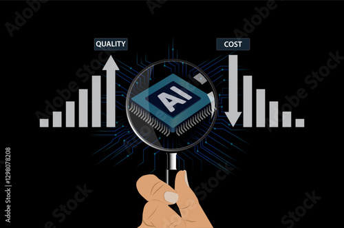 AI powered business optimization concept, Cost reduction and Quality control, Artificial Intelligence driven automation optimizes workflows, Improves quality, Reduces expenses in business operations.

