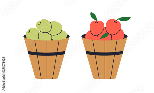 Red and green apples in wooden baskets. Wood buckets filled with healthy ripe fresh garden fruits, food from orchard. Sweet and sour harvest. Flat vector illustration isolated on white background