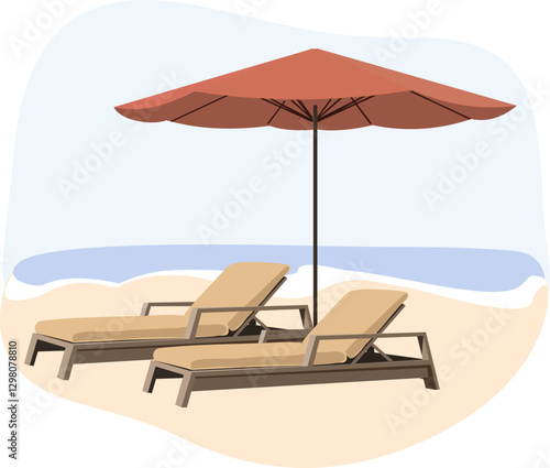 Beach umbrella and Sun loungers. Sunbeds with parasol at sand beach. Summer tropical resort with private chaise-longues at seacoast. Empty sun beds at seaside. Flat vector colorful illustration.