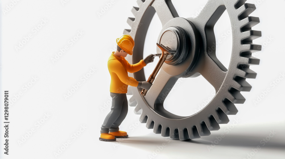 A 3D person in work attire holding a wrench, focused on repairing a large gear, isolated on a white background A 3D person in work attire holding a wrench, focused on repairing a large gear, isolated on a white background