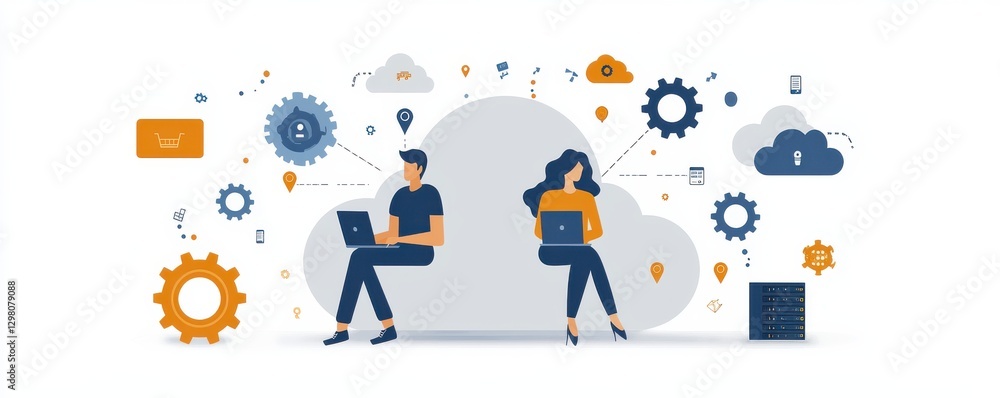 Illustration of Cloud Integration with People Using Devices Illustration of Cloud Integration with People Using Devices