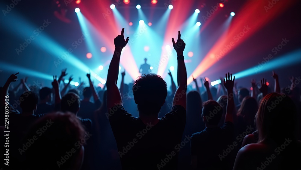 Vibrant DJ Performance at a Concert, Red and Blue Lights Enhance the Energetic Atmosphere Vibrant DJ Performance at a Concert, Red and Blue Lights Enhance the Energetic Atmosphere