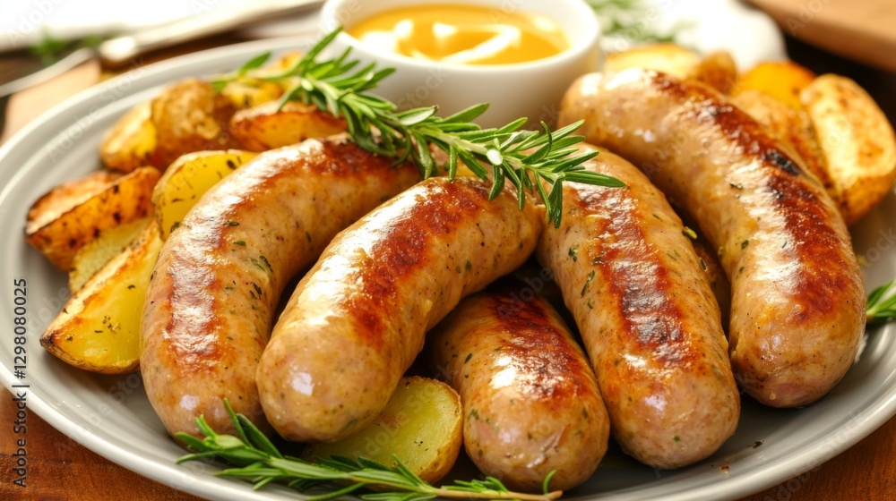 A beautifully styled plate of sausages, served with roasted potatoes and a side of mustard, garnished with fresh rosemary and thyme for a gourmet touch. A beautifully styled plate of sausages, served with roasted potatoes and a side of mustard, garnished with fresh rosemary and thyme for a gourmet touch.