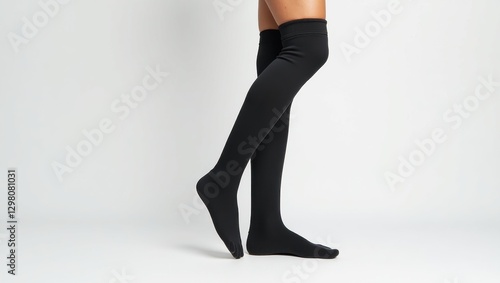 Compression Boots. Woman is wearing black socks and black skirt