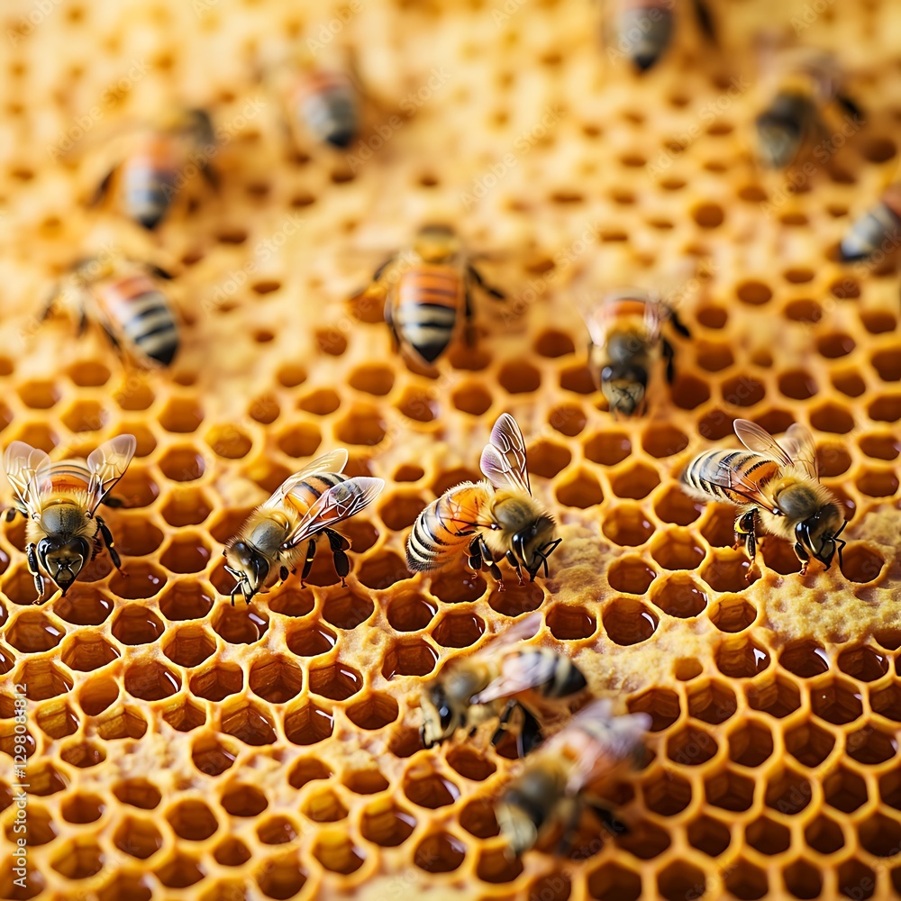 Bees on honeycomb eating honey. Close-up for beekeeping, apiculture, or insect biology projects Bees on honeycomb eating honey. Close-up for beekeeping, apiculture, or insect biology projects