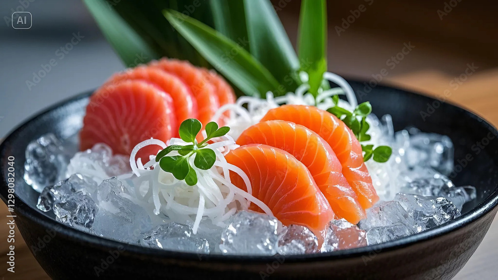 Fresh Salmon Sashimi on Ice, Exquisite Dish Fresh Salmon Sashimi on Ice, Exquisite Dish