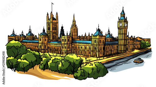 Vector comic hand-drawn illustration of Palace of Westminster. Palace of Westminster in London