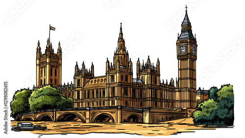 Vector comic hand-drawn illustration of Palace of Westminster. Palace of Westminster in London