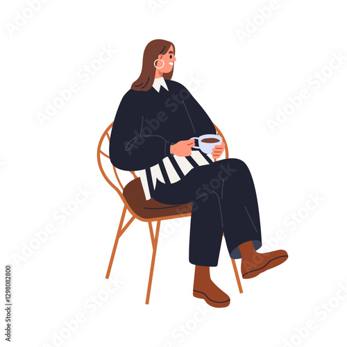 Woman sitting on chair, holding coffee cup. Happy smiling female enjoying leisure time, tea break. Girl resting with drink, beverage, relaxation. Flat vector illustration isolated on white background