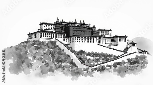 Detailed Black and White Potala Palace Illustration