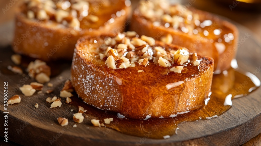 A close-up of honey toast with melted butter and a drizzle of honey, garnished with crushed nuts and served on a wooden platter, creating a warm and inviting feel. A close-up of honey toast with melted butter and a drizzle of honey, garnished with crushed nuts and served on a wooden platter, creating a warm and inviting feel.