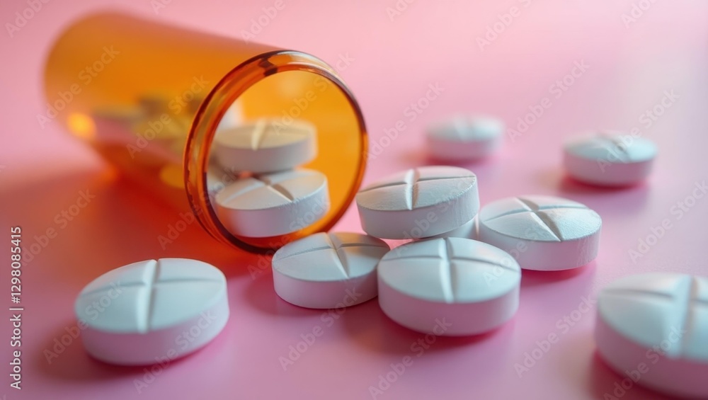 Emtricitabine. Pills are scattered on table next to bottle Emtricitabine. Pills are scattered on table next to bottle