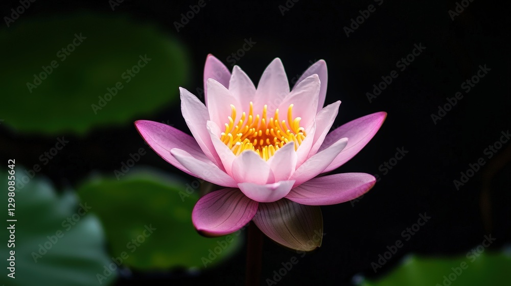 Pink lotus flower, blooming elegantly in dark pond background, close-up Pink lotus flower, blooming elegantly in dark pond background, close-up