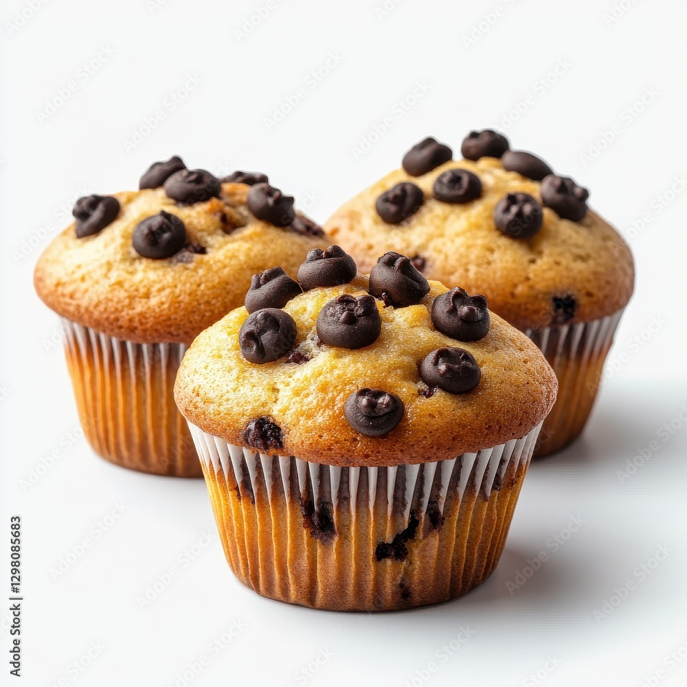 Freshly Baked Chocolate Chip Muffins on a White Background Ready for Indulgence and Sweet Treating with Delicious Flavor and Soft Texture Freshly Baked Chocolate Chip Muffins on a White Background Ready for Indulgence and Sweet Treating with Delicious Flavor and Soft Texture