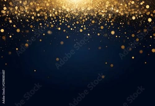 Dark blue and gold abstract background with shimmering bokeh lights. Luxurious and festive, resembling gold foil texture. A rich, elegant design perfect for holiday themes and celebrations.