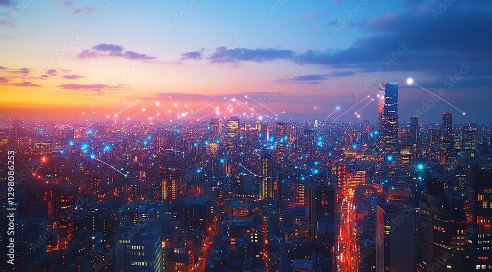 Fototapeta premium Vibrant City Lights at Sunset Aerial View