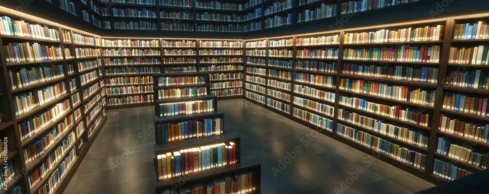 Fototapeta premium Late-night bookshops with warm glowing lights beckoning readers to uncover secrets nestled among towering shelves.