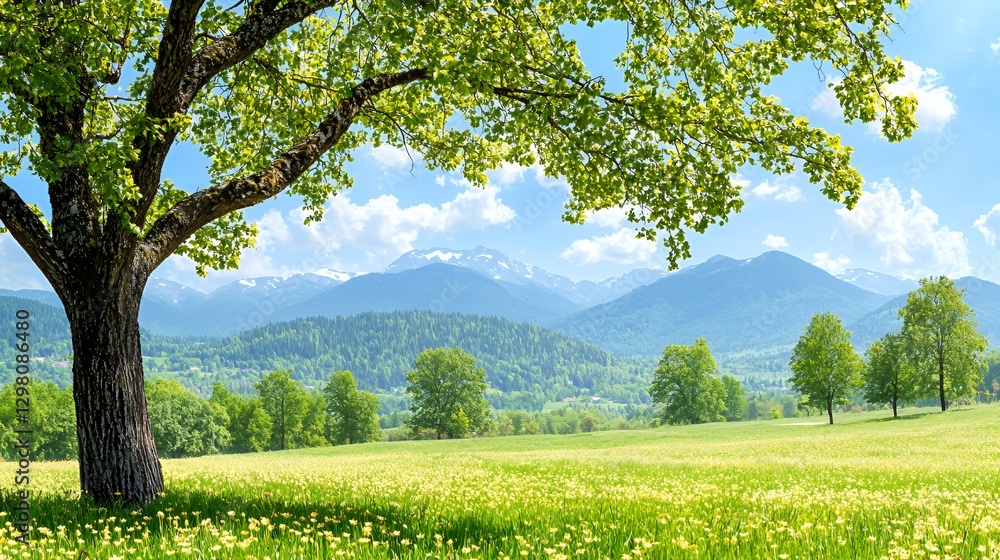 Obraz premium Vibrant Spring Landscape: Green Meadow with Majestic Mountains