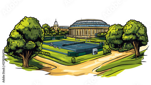 Vector comic hand-drawn illustration of Wimbledon Tennis Complex. Wimbledon Tennis Complex in London