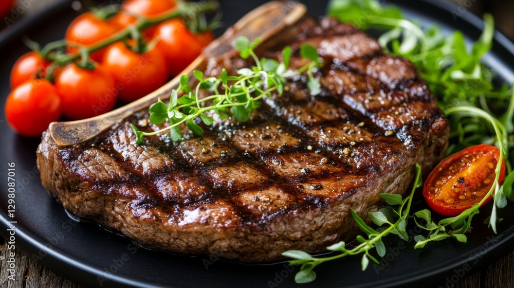 A gourmet steak plated with a drizzle of balsamic glaze, garnished with microgreens and accompanied by roasted cherry tomatoes on a black plate. A gourmet steak plated with a drizzle of balsamic glaze, garnished with microgreens and accompanied by roasted cherry tomatoes on a black plate.