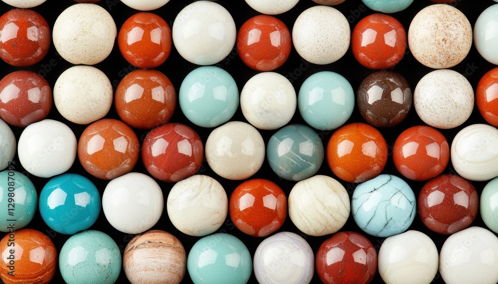 A vibrant arrangement of colorful spherical beads in various shades, showcasing a decorative pattern against a dark background.