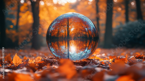 A floating reflective sphere in an autumn forest scene symbolizes harmony between nature and technology, with vibrant fall colors enhancing the surreal, futuristic feel of the mixed-media artwork.


