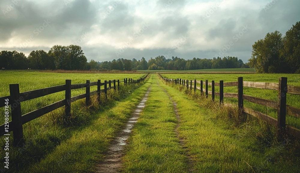 Dirt Path Through Lush Green Field with Wooden Fence Under an Overcast Sky Dirt Path Through Lush Green Field with Wooden Fence Under an Overcast Sky