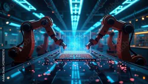 An advanced AI factory with robotic arms assembling high-tech AI processors. The environment is futuristic, filled with bright neon lights, complex circuits, and holographic displays showing AI bluepr